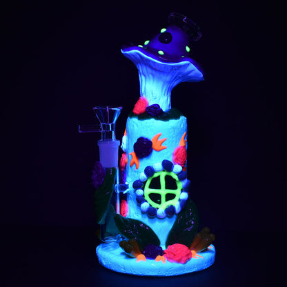Flower And Shroom Cottage Glow Water Pipe - 9" / 14mm F / Colors Vary