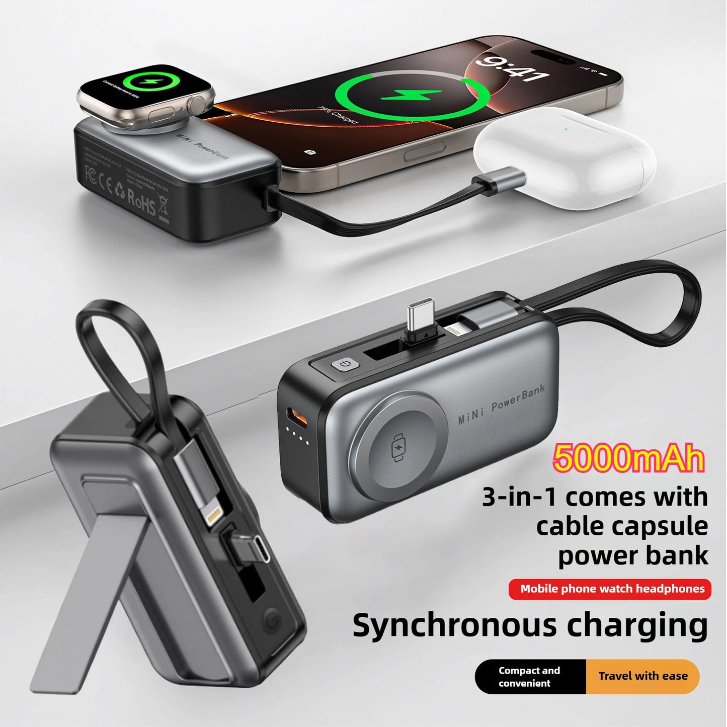 Zotix™ Magnetic Wireless Power Bank 5000mAh – Mini Portable Charger with Dual Built-in Cables
