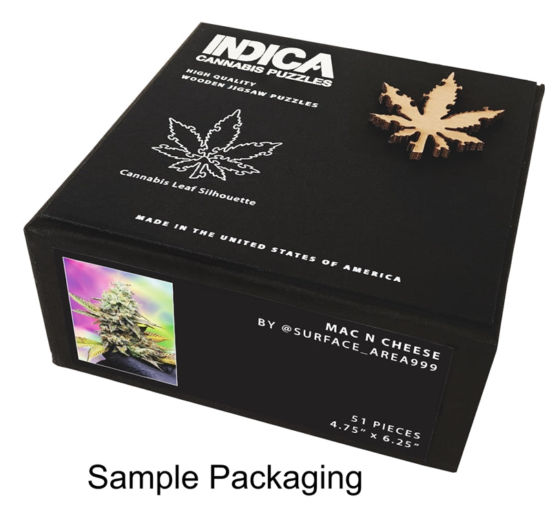 Indica Leaf Shape Puzzle: Nick Johnson “Tropicana Cookies" 10" x 11" 69 Piece 1/4 Inch thick Maple Wood Jigsaw Puzzle